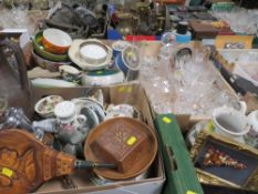 THREE TRAYS OF ASSORTED CERAMICS TO INCLUDE A LIDDED TG GREEN LUMPED SUGAR STORAGE JAR, TOGETHER