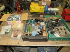 TWO TRAYS CONTAINING VARIOUS ANALOGUE METERS, WIRE WOUND RESISTORS ALONG WITH A BOX OF RECTIFIERS