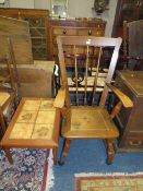 AN OAK ARMCHAIR & RETRO TILE TOP TABLE (2)