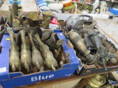 THREE TRAYS OF ASSORTED METAL WARE TO INCLUDE BRASS HORSES ETC