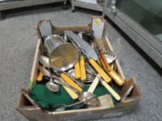 A TRAY OF METAL WARE TO INCLUDE SILVER VASES, SILVER PLATED FLATWARE ETC