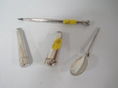 TWO HALLMARKED SILVER CHEROOT HOLDERS TOGETHER WITH A SILVER SPOON AND A HALLMARKED SILVER PENCIL (