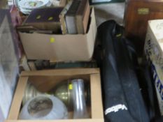 A QUANTITY OF SUNDRIES TO INCLUDE BOOKS, OIL LAMP ETC