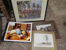 A HAND CRAFTED PICTURE OF A BOY AND HIS DOG ON A TILE, TOGETHER WITH THREE PICTURES AND A PICTURE