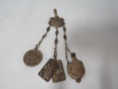 A PLATED CHATELAINE WITH SCENT BOTTLE ETC