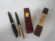 A COLLECTION OF THREE VINTAGE FOUNTAIN PENS TOGETHER WITH A HALLMARKED SILVER YARD-O-LED PENCIL (4)