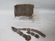 AN ANTIQUE SILVER PLATED ART NOVO LINK PANEL BELT A/F TOGETHER WITH A NOVELTY CHILD'S EPNS TEETHER