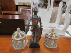 A PAIR OF GLASS / METAL CASKETS AND A SMALL KNIGHT A/F