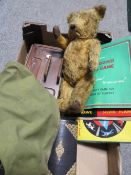 TWO TRAYS OF ASSORTED ACCESSORIES TO INCLUDE CLOCK, VINTAGE TEDDY BEAR ETC