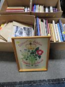 FOUR BOXES OF ASSORTED ROYAL BOOK TOGETHER WITH A FRAMED NEEDLEWORK