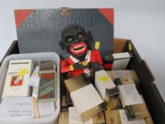 A TRAY TO INCLUDE VINTAGE CIGARETTE CARDS, MONEY BOX AND EPHEMERA/ ART BOX