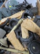 A TRAY OF ASSORTED HARDWOOD STANDS , EASTERN PLAQUES ETC