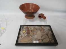 PRE COLUMBIAN POTTERY BOWL, PIPE BOWL, STONE HEAD, and a collection of native American framed glazed