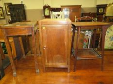TWO OAK OCCASIONAL TABLES AND A CABINET (3)