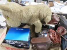 A TRAY OF COLLECTABLES TO INCLUDE BINOCULARS, CAMERAS AND TREEN