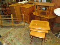 TWO VINTAGE NESTS OF TABLES- ERCOL PLATE RACK AND PINE TWO DRAWER CABINET