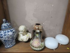 A LARGE BLUE/WHITE JAR AND COVER, ROMAN STYLE BUST ETC