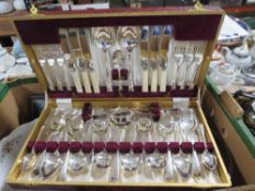 A BOX OF CHINA AND SUNDRIES AYNSLEY WILD TUDOR BOWL TO INCLUDE A CANTEEN OF CUTLERY ETC