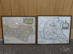 ROBERT MORDAN, 2 FRAMED AND GLAZED HAND TINTED 18TH CENTURY MAPS, EAST RIDING OF YORKSHIRE AND THE