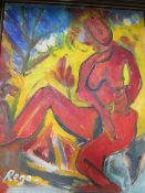 AN OIL ON BOARD BY REGO IMPRESSIONIST FEMALE NUDE IN A LANDSCAPE