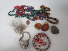 A 925 SILVER MOTHER OF PEARL STYLE BRACELET PLUS ANOTHER , A GLASS BEAD BRACELET AND AN OPAL STYLE