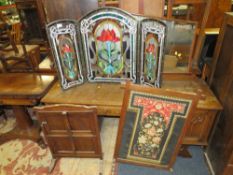 A MODERN GLASS / LEADED FIRE SCREEN WITH TWO MORE SCREEN (3) A/F