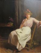 CARLTON ALFRED SMITH (1853-1946). Interior scene with young woman sitting by a desk, signed and