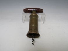 A 19TH CENTURY BRASS PATENT CORKSCREW, with wooden handle