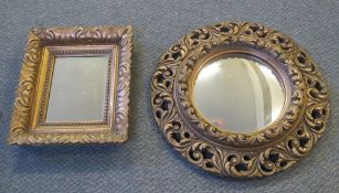 A CIRCULAR CARVED WOOD AND GILT GESSO FRAMED CONVEX MIRROR, Dia. 56 cm, together with a gilt acanthu