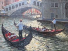 L.J. BALBIN (XX). Continental school impressionist Venetian scene with gondolas, gondoliers and