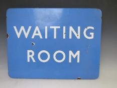 A VINTAGE BRITISH RAIL BLUE 'WAITING ROOM' ENAMEL SIGN, 46 x 71 cm