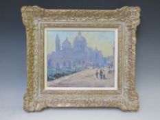 JOHN W. GOUGH (XX). Impressionist Venetian scene with figures and moored gondolas, signed lower