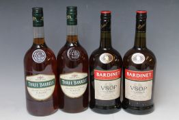 2 ONE LITRE BOTTLINGS OF THREE BARRELS V.S.O.P BRANDY, together with 2 one litre bottlings of