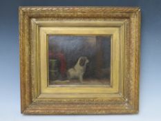 (XIX). A barn interior scene with terrier, unsigned, oil on board, framed, 19 x 24 cm