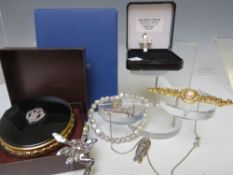 A SELECTION OF SILVER AND COSTUME JEWELLERY ITEMS ETC., to include a hallmarked silver angle pendant