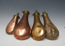 FOUR 19TH CENTURY COPPER POWDER FLASKS, average L 20 cm