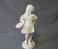 A 20TH CENTURY ALABASTER TYPE FIGURE OF A YOUNG GIRL WITH BASKET OF FLOWERS, H 36 cm