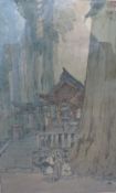 HIROSHI YOSHIDA (1876-1950). Japanese school, wooded landscape with temple and figures, signed in