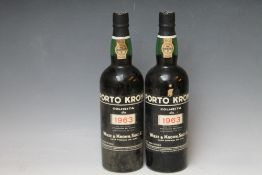 2 BOTTLES OF PORTO KROHN COLHEITA DE 1963 PORT, both mid to lower neck
