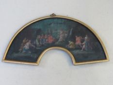 (XVIII-XIX). Old master style painted fan with allegorical scene, unsigned, mixed media on fan,