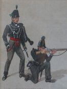 XIX). A study of two military figures 'The 95th or Rifle Corps 1814', unsigned, watercolour,
