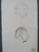 LAMB (XIX-XX). British school, study of two female heads, unsigned but with studio stamp, pencil
