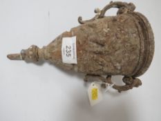 A METAL TWIN HANDLED URN DECORATIVE WITH CHERUBS A/F