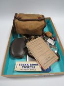 A TRAY OF COLLECTABLES INCLUDING A VINTAGE FIRST AID KIT, CIGARETTE CASE, BADGES ETC