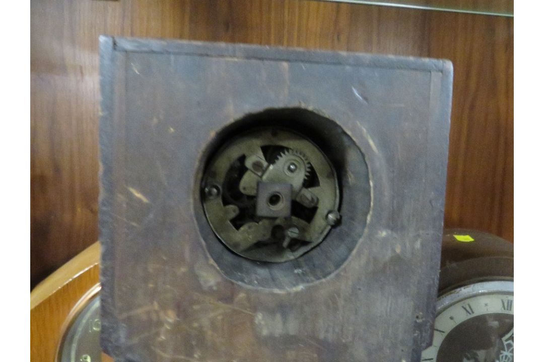 THREE VINTAGE MANTLE CLOCKS ONE IN FORM OF A LONG CASED CLOCK A/F - Image 5 of 5
