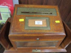 A VINTAGE OAK BRASS MOUNTED LETTER BOX