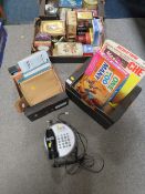 TWO TRAYS OF VINTAGE COLLECTABLE TINS TOGETHER WITH TWO TRAYS OF VINTAGE GAMES ETC