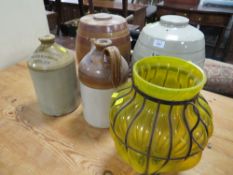 FOUR ASSORTED STONEWARE FLAGONS/BARRELS AND A GLASS VASE