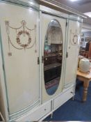 A LARGE ANTIQUE PAINTED TRIPLE WARDROBE WITH MIRRORED DOOR