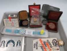 A COLLECTION OF ASSORTED MEDALS, COINS, BOX SWATCH WATCH, HAT PINS ETC